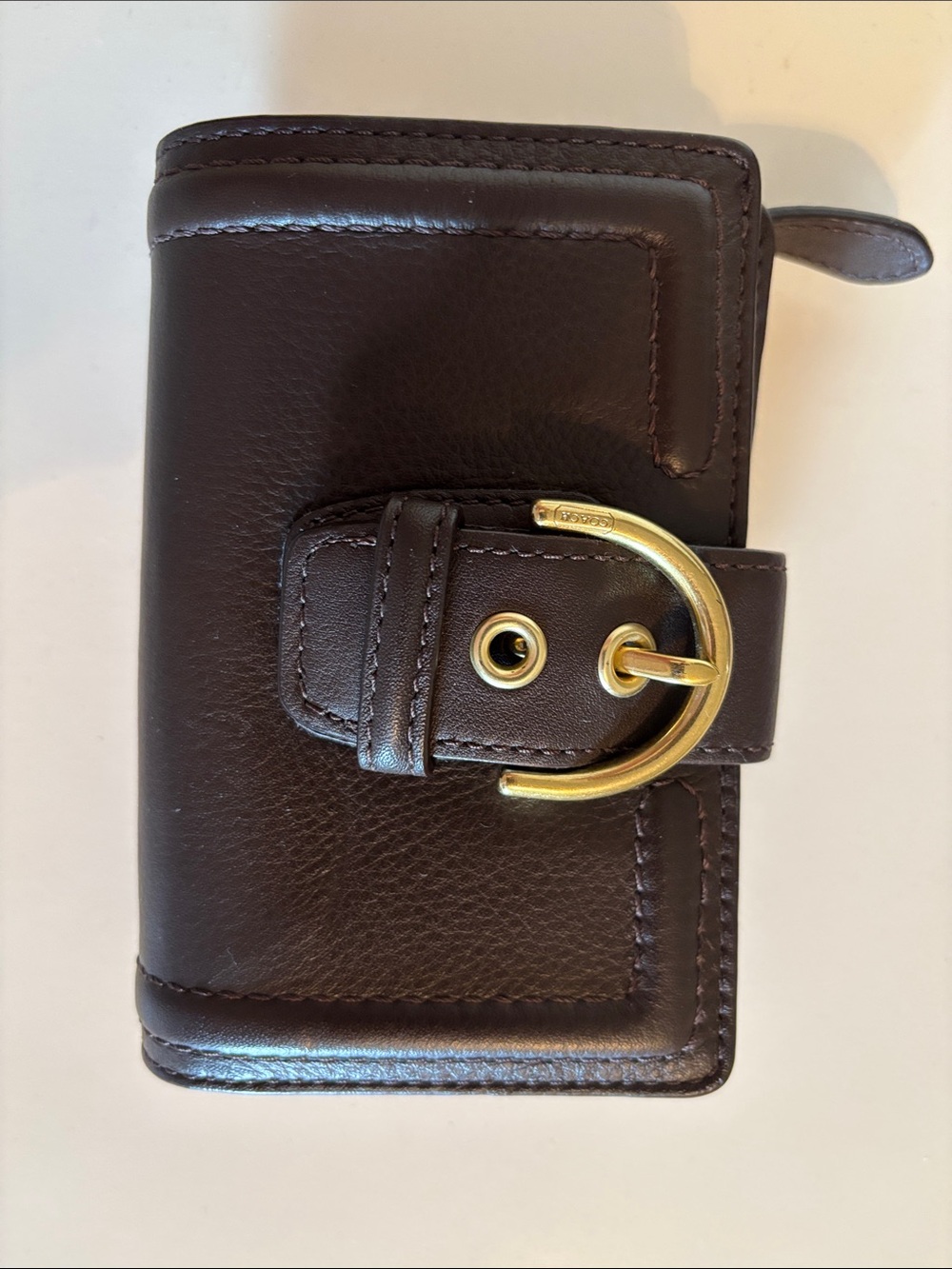 Coach Dark Brown Leather Wallet with Gold Buckle